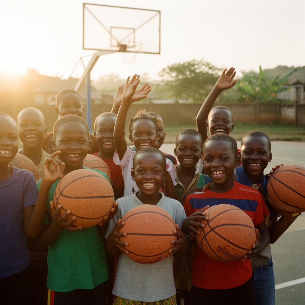 Group of children celebrating with basketballs on an outdoor court